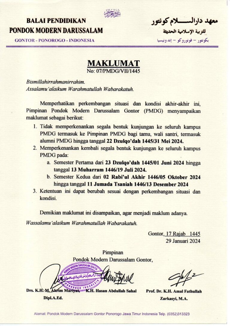 Maklumat Pimpinan Pondok Tentang Kunjungan Ke PMDG